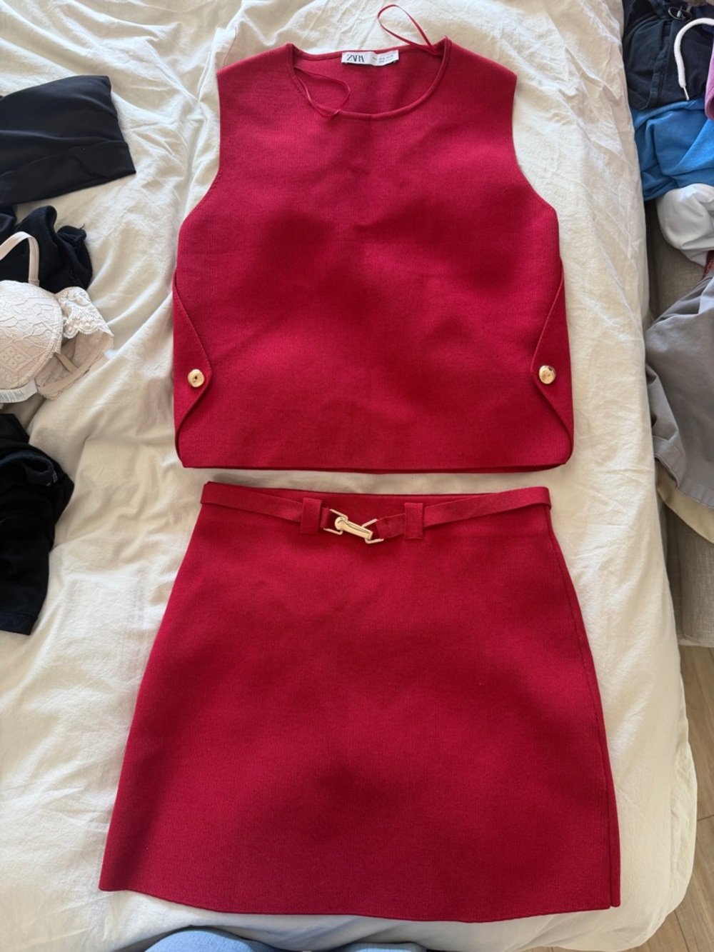 Zara Crimson Knit Two-Piece Mini Skirt Set